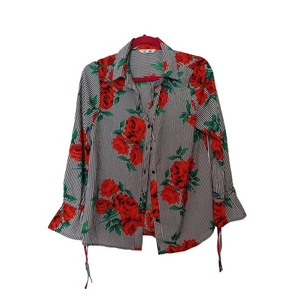 Red & Black Striped Rose Pattern Blouse Size L By Blush - Picture 1 of 3